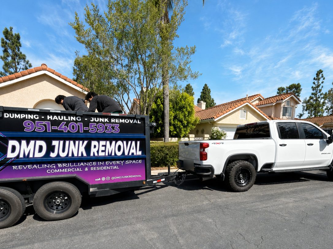 Dos trabajadores de DMD trabajando por un lado de una traila de DMD Junk Removal enganchada a una pickup blanca en una calle residencial